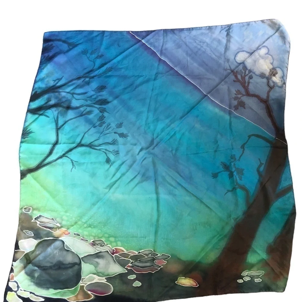 VTG Vintage Trees By The Brook Moonlight Watercolors Silk Square Scarf 35X33”